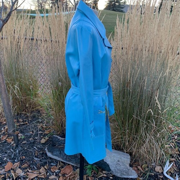 Vintage 60s 70s Faux Leather Trench Coat Belted Light Blue Overcoat - Picture 5 of 14